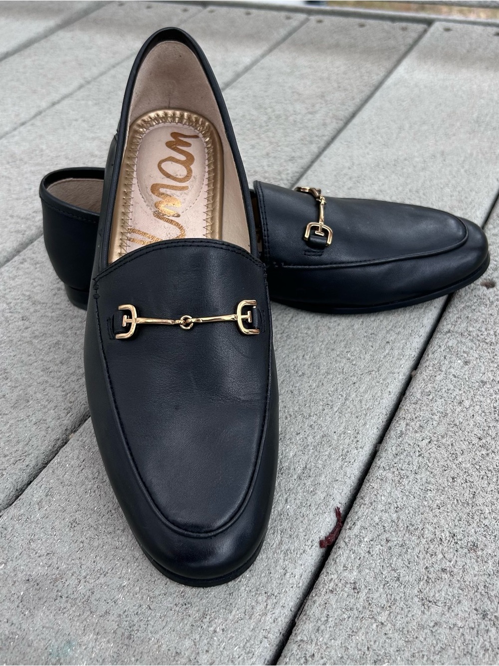 Sam Edelman Women’s 6 1/2 Black Leather Horsebit Loafers Gold